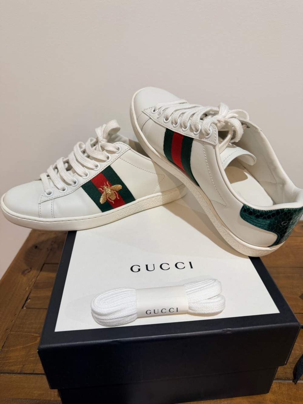 Gucci White Leather Sneakers with Green and Red Web & Gold Bee - Picture 3 of 4